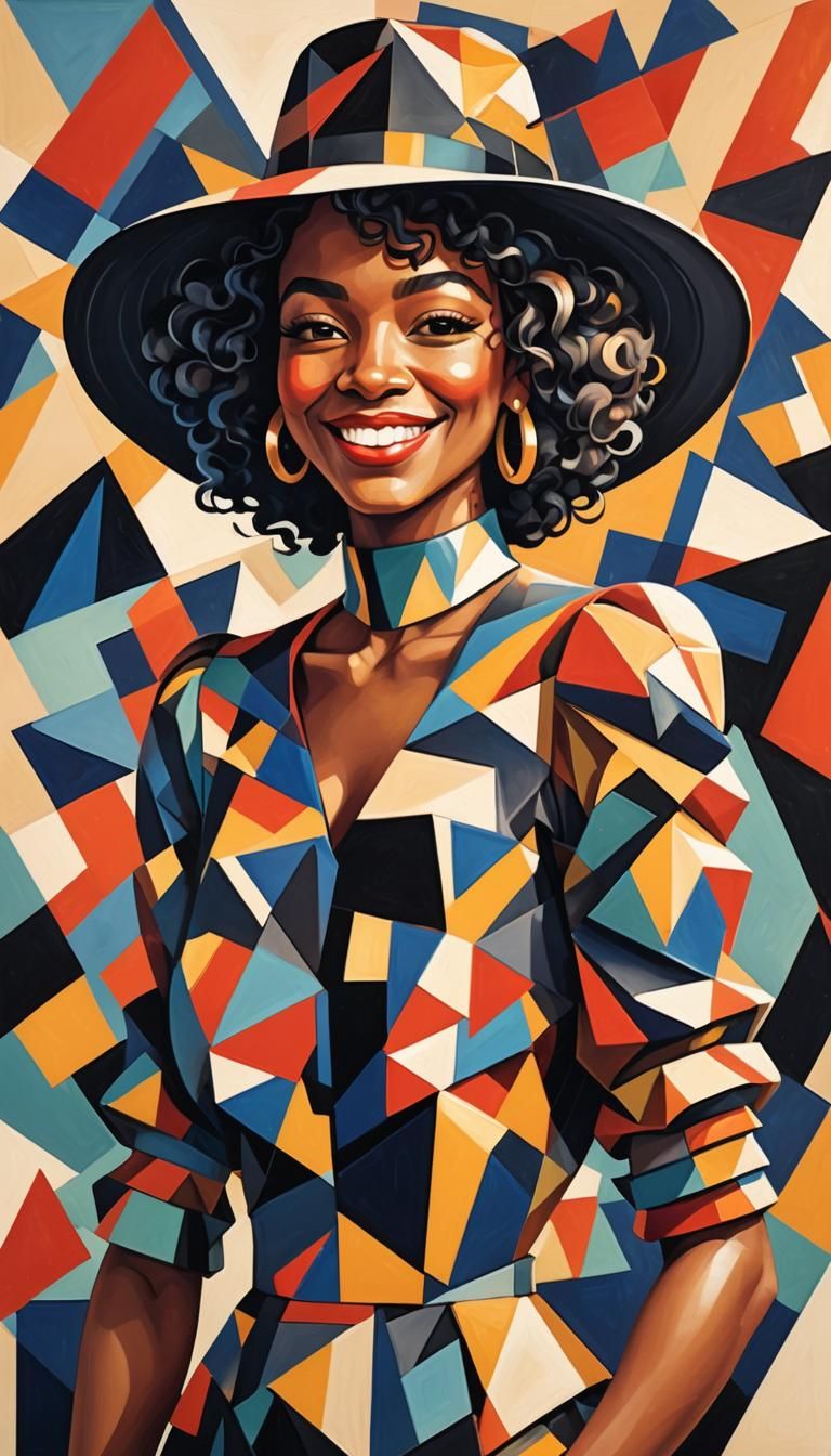 Smiling Woman with Hat in Geometric Cubist Style
