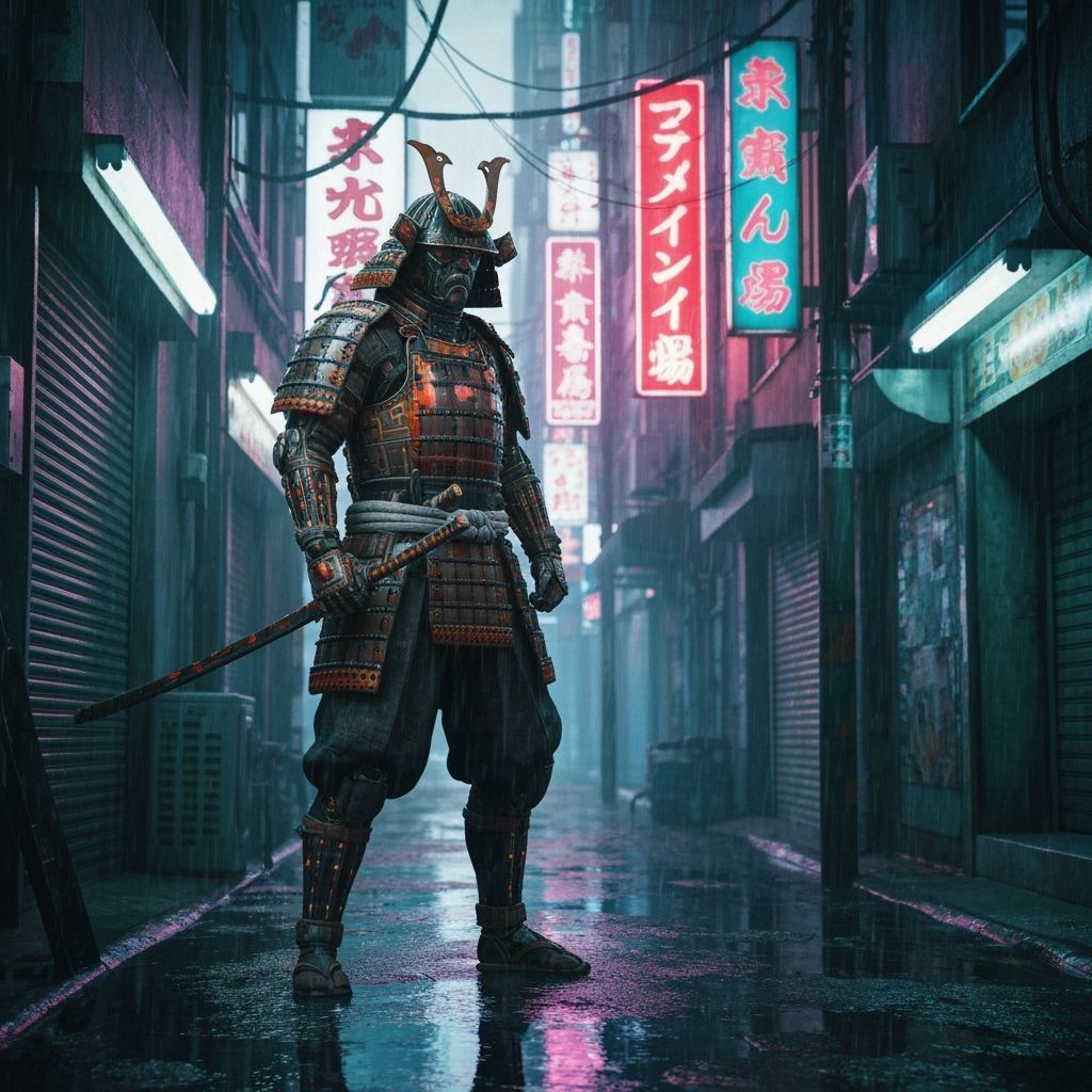 Cyberpunk Samurai in Neon Alleyway
