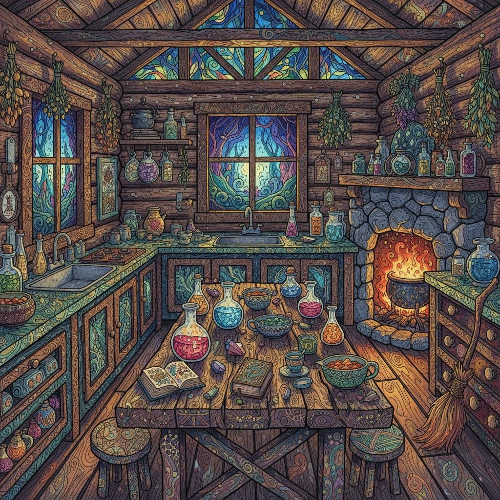 Intricately detailed alcohol ink illustration, Zentangle, a rustic witchy kitchen in a small log cabin, fantasy illustra...