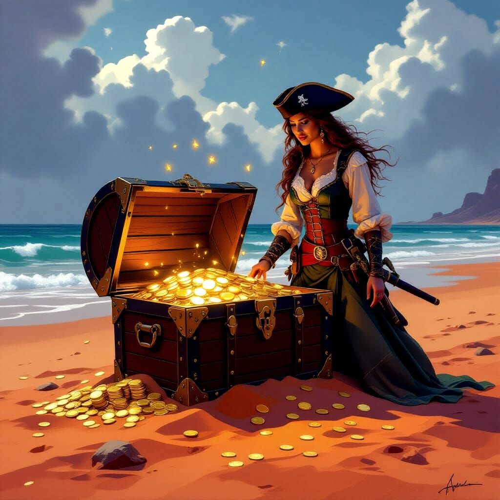Pirate Unearths Glowing Treasure Chest in Crimson Sands