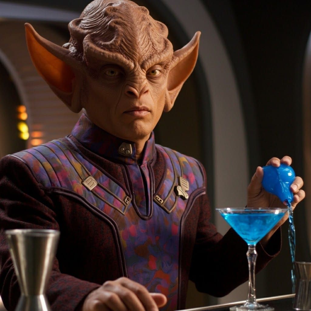 Ferengi Bartender Pouring Drink in Sci-Fi Bar