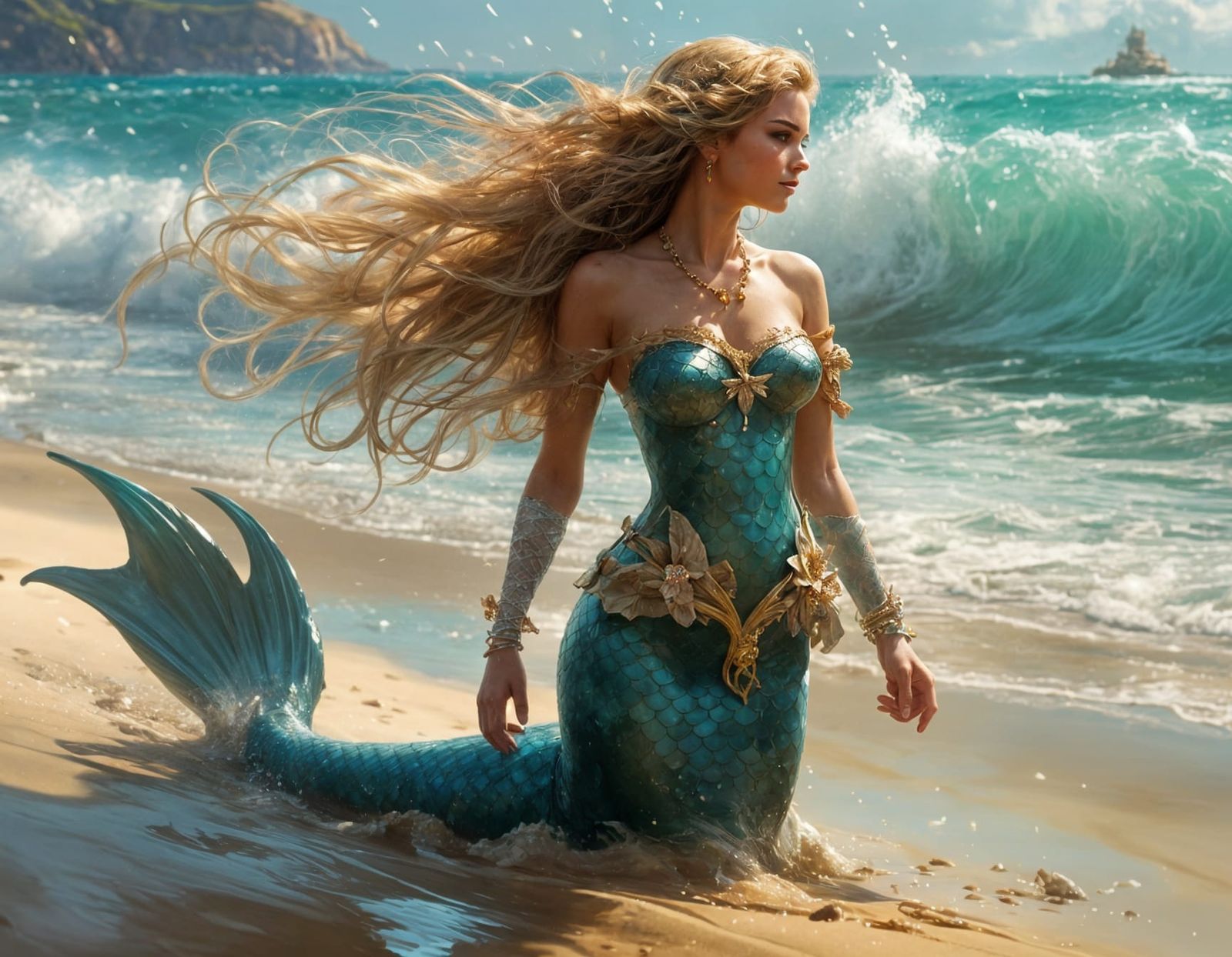 Mermaid on Sandy Beach: Fantasy Art in 8k