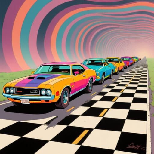 Surreal 1970s Muscle Cars on Infinite Checkered Road