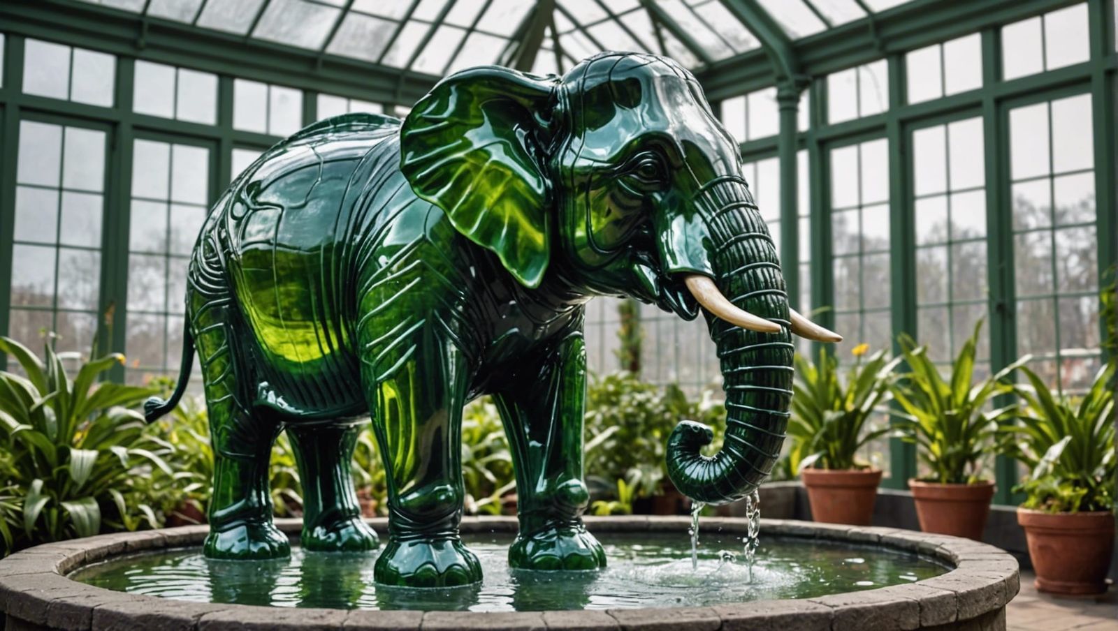 Glass Elephant Fountain in Greenhouse: Hyperrealistic Image