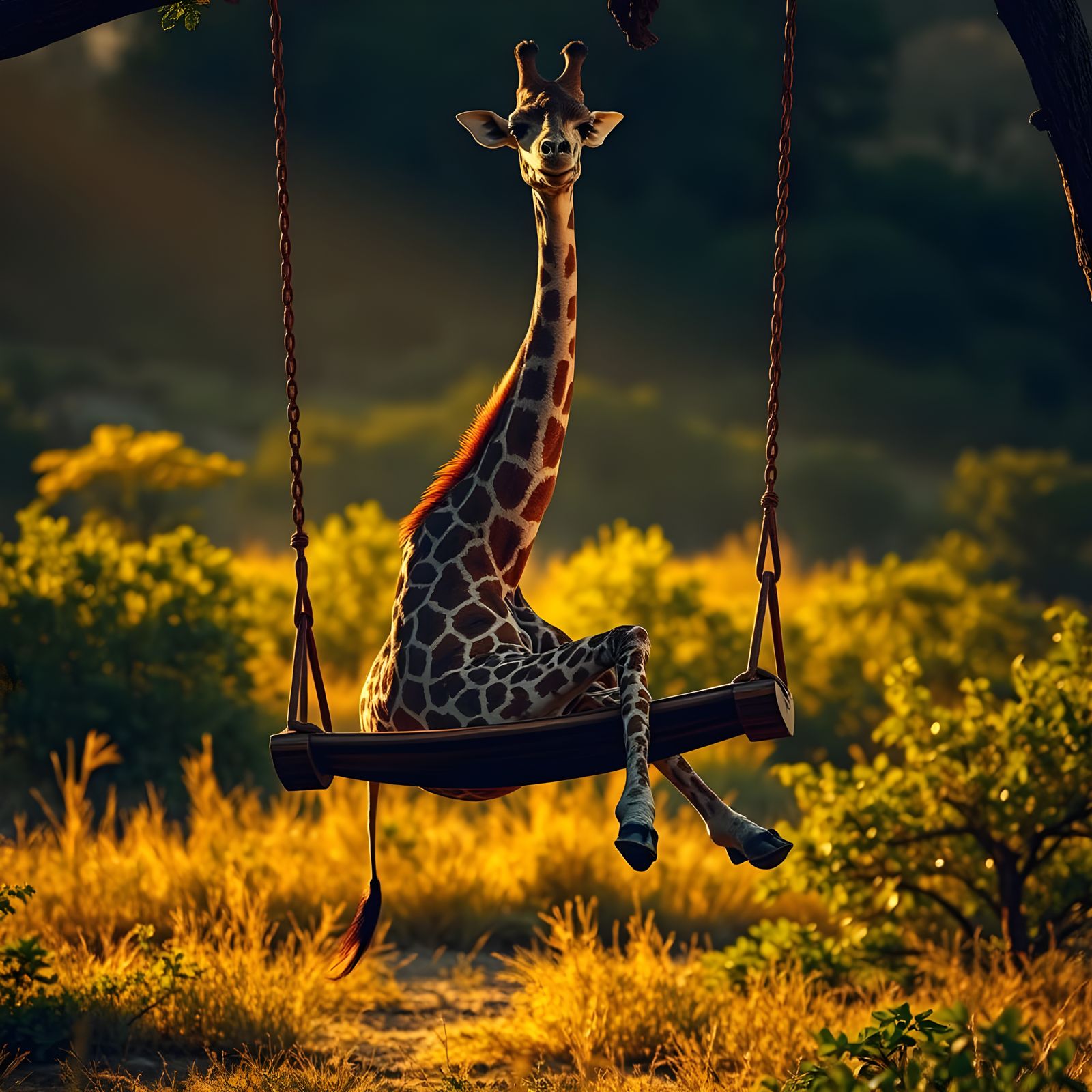 Hyperrealistic Giraffe Having Fun on a Swing