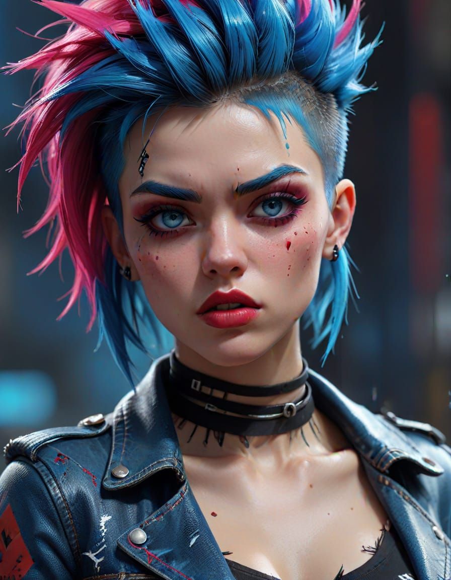 Punk Girl with Electric Blue Mohawk in Dramatic Lighting