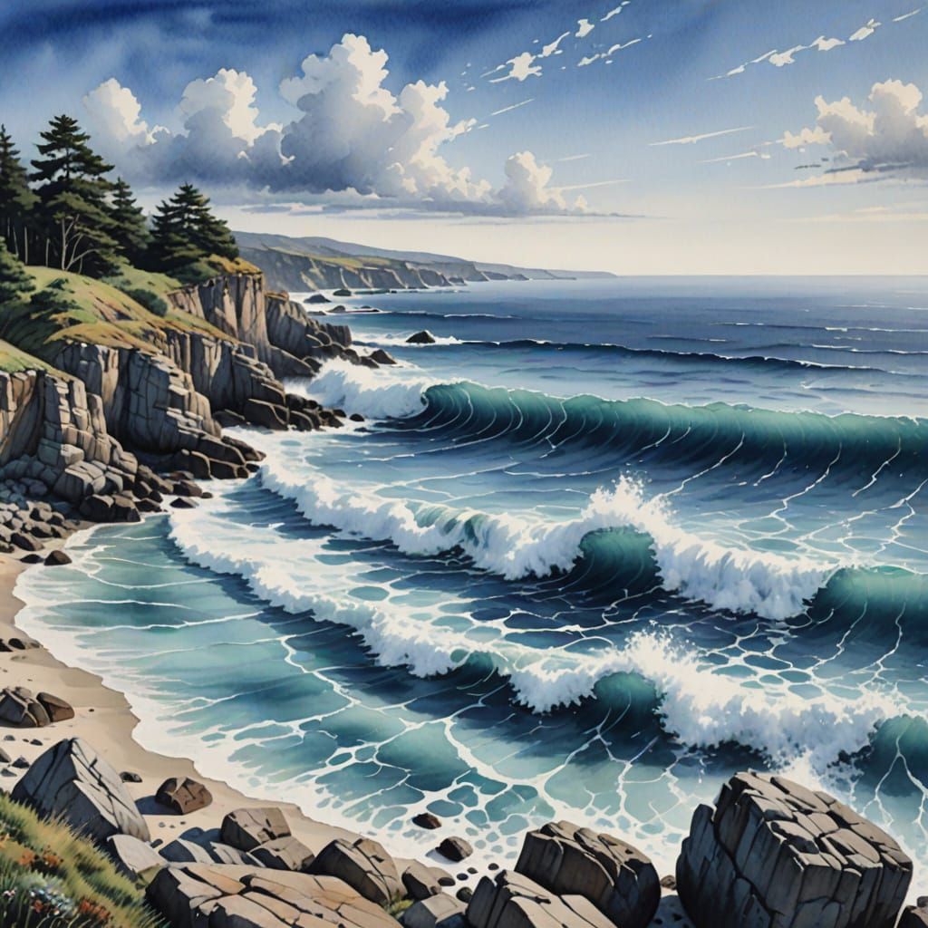 Serenely Peaceful Ocean Waves in Vibrant Blue Watercolor