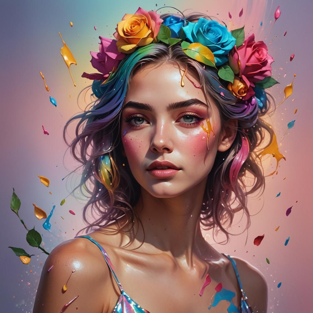 Woman with Rose: Hyperrealistic Rainbow Concept Art