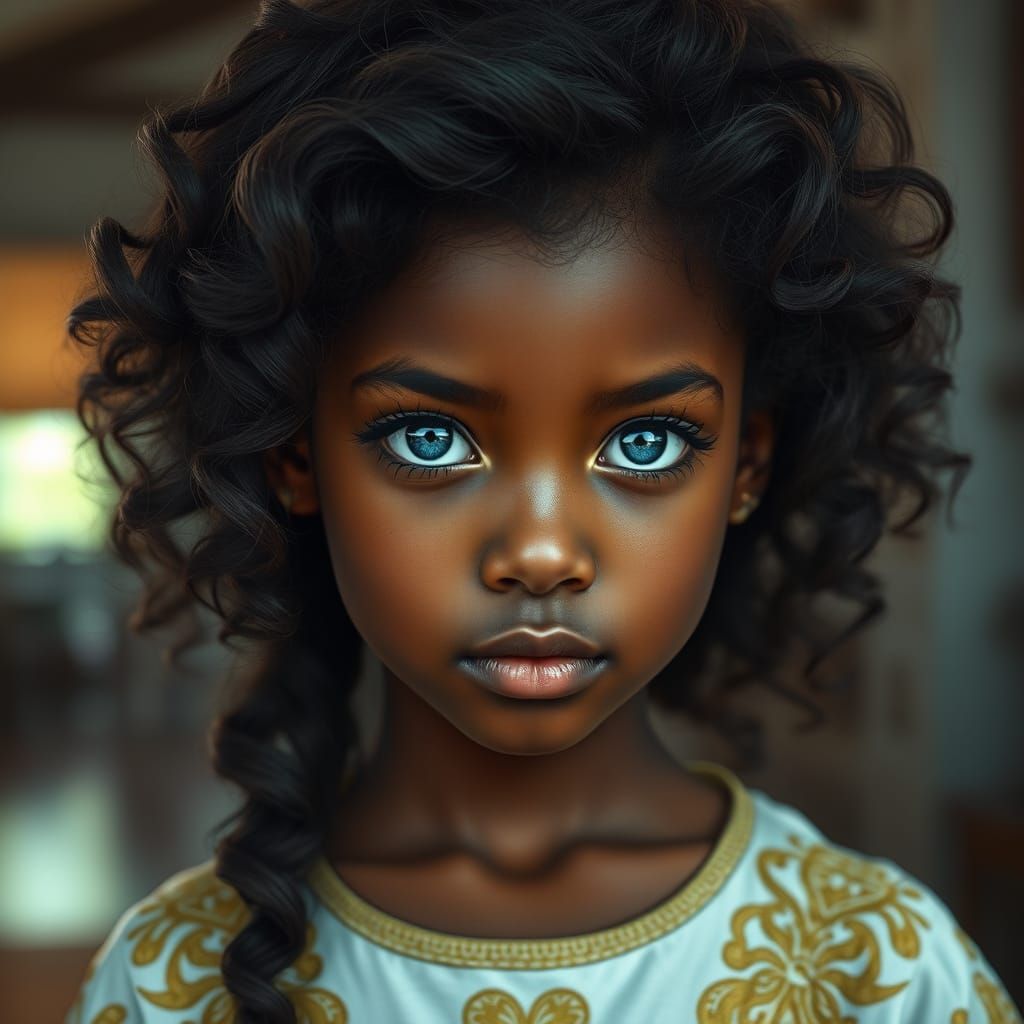 A black and white close-up portrait of a young afro girl with striking blue eyes. She has wavy, dark brown hair that cas...