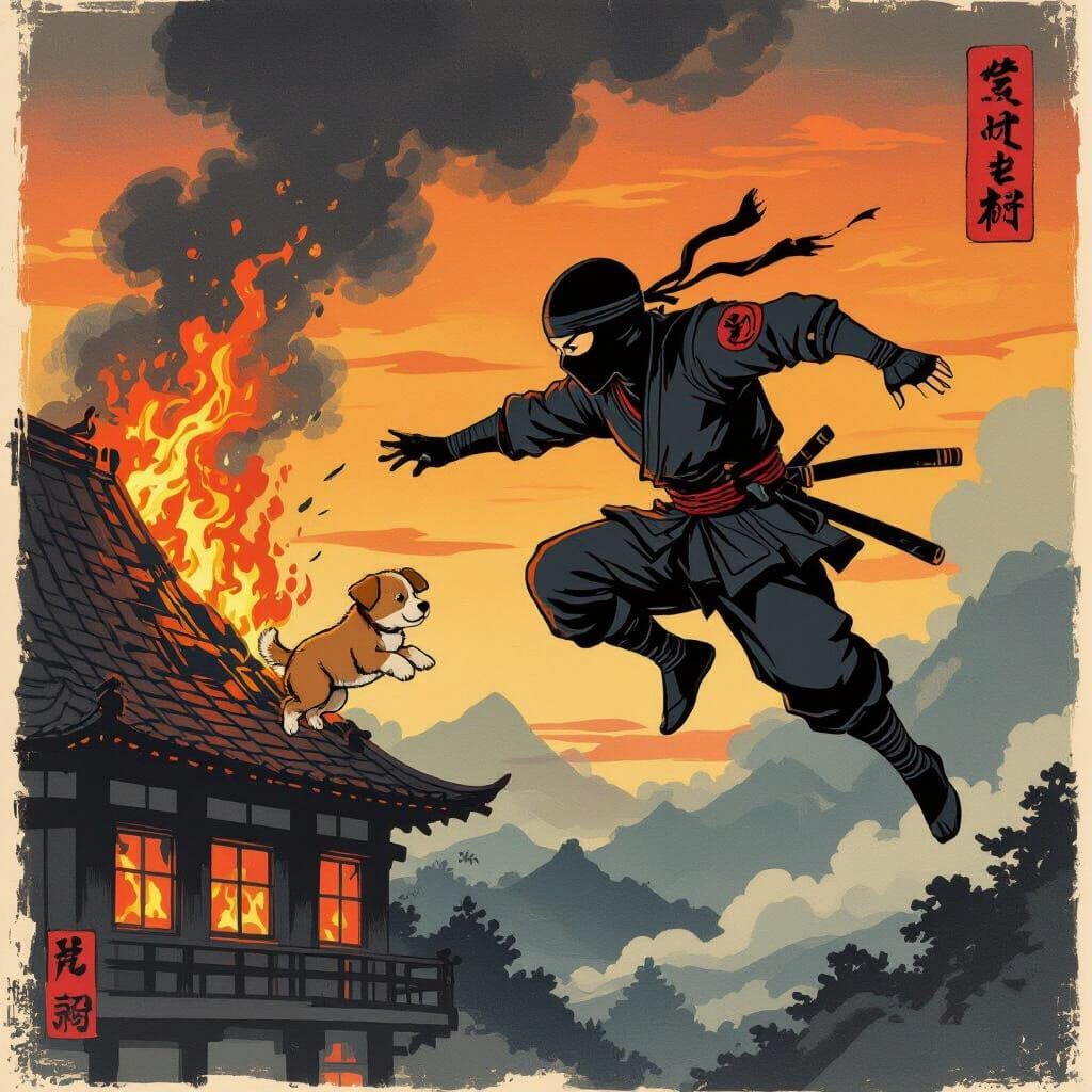 Ninja Leaping to Save Puppy from Burning Building