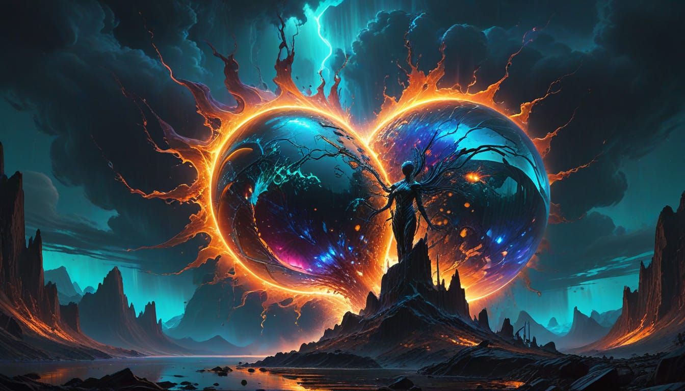 Futuristic Embryo Ascends Amidst Neon Plasma Clouds