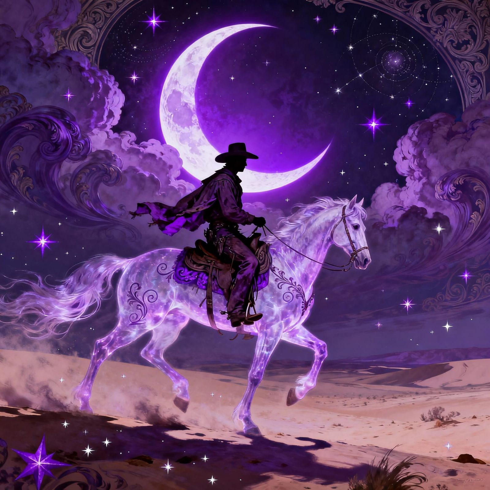 Lone Cowboy Rides Spectral Horse in Baroque Purple Desert