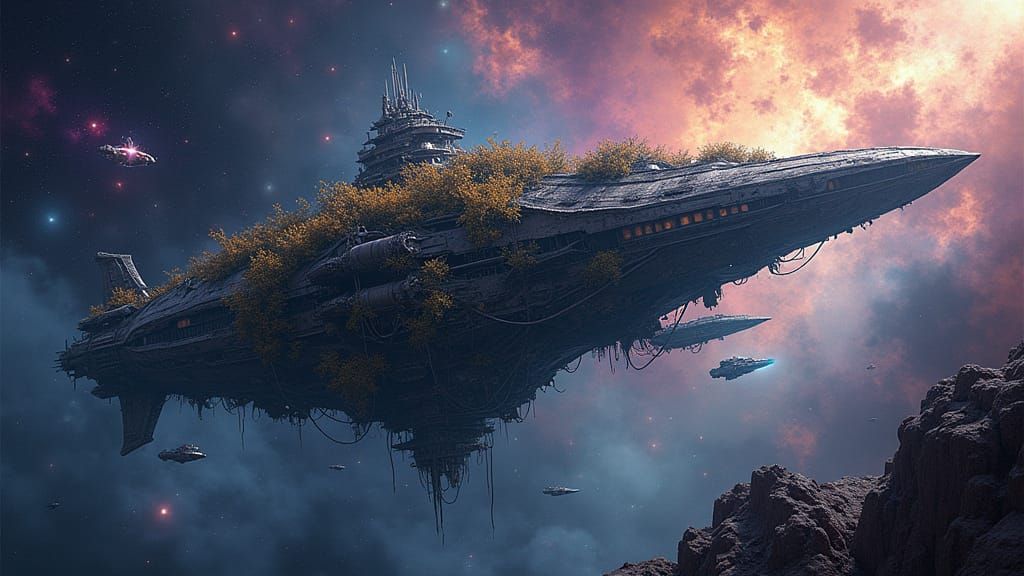 Derelict Spaceship in Cosmic Nebula, Biomechanical Style