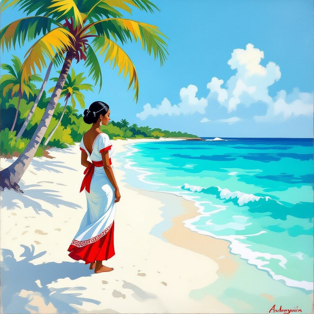Aruban Woman on Beach in Naive Art Style