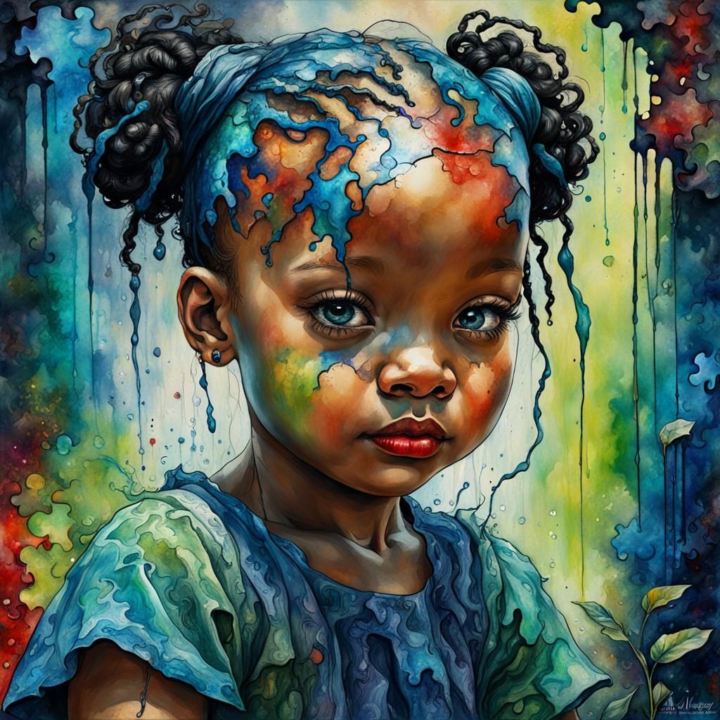 Adorable Black Toddler Portrait in Splash Art Style