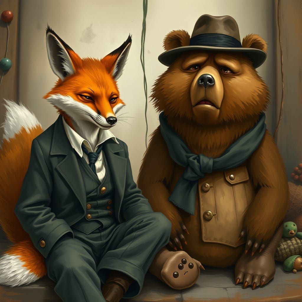 Melancholic Fox and Bear in Rustic Setting
