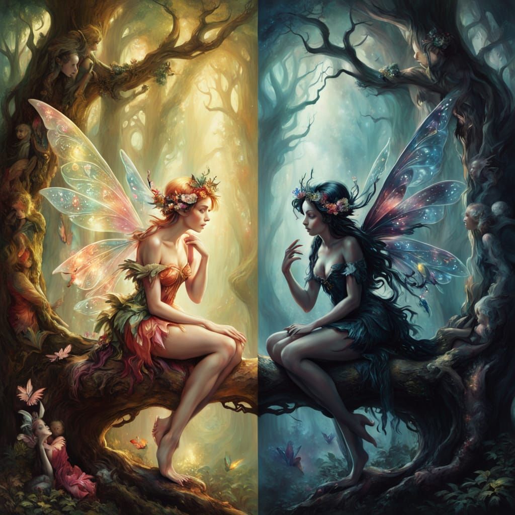 Whimsical & Gothic Fairies on Tree Trunk in Magical Forest