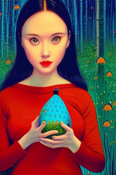 Woman and Gnome in Twilight Forest, Solarpunk Art