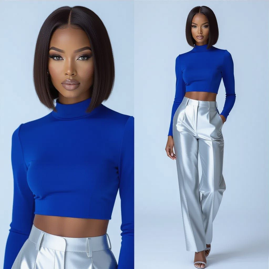 Fashion Model Poses in Royal Blue & Silver Outfit