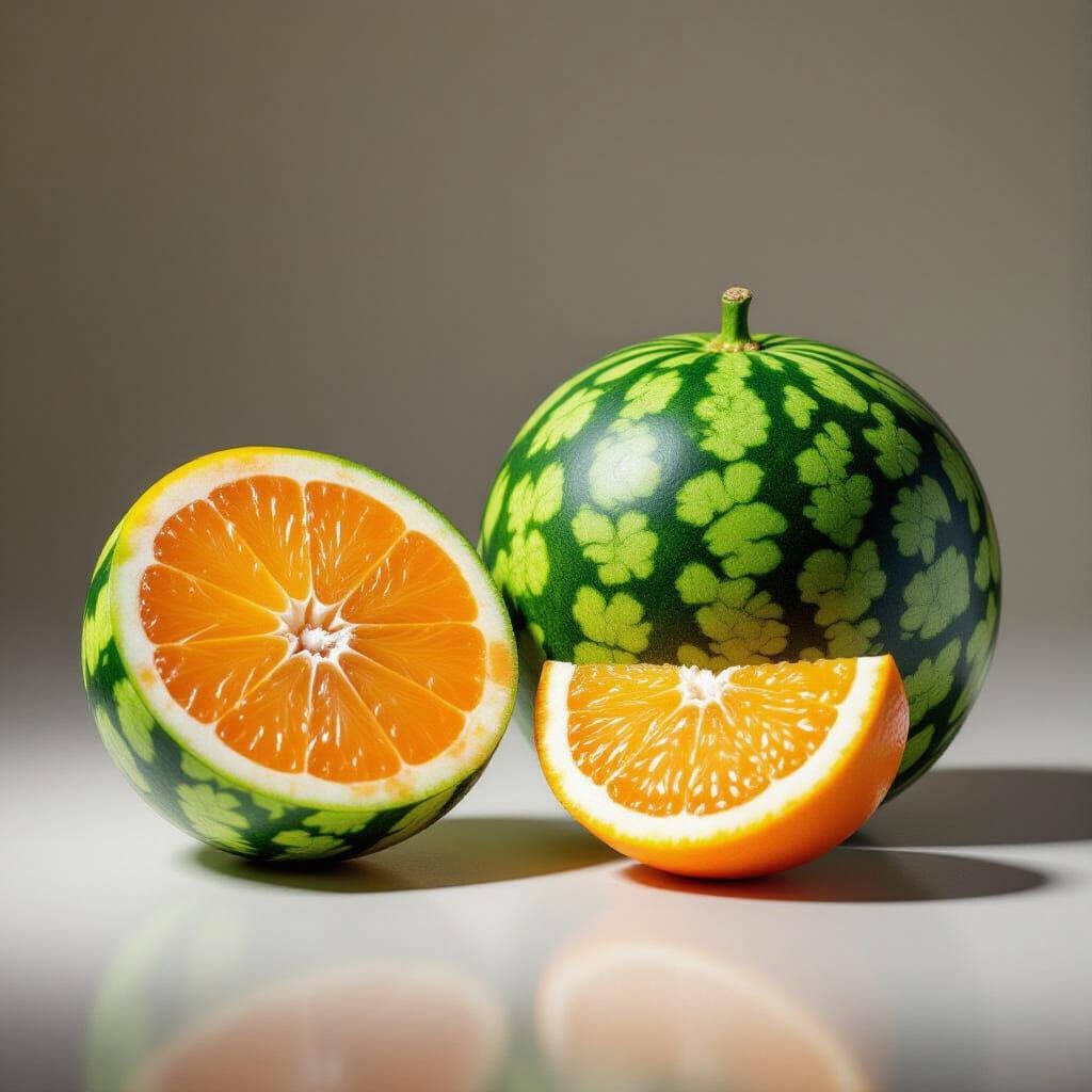 Surreal Hybrid Fruit: Watermelon rind, Orange interior