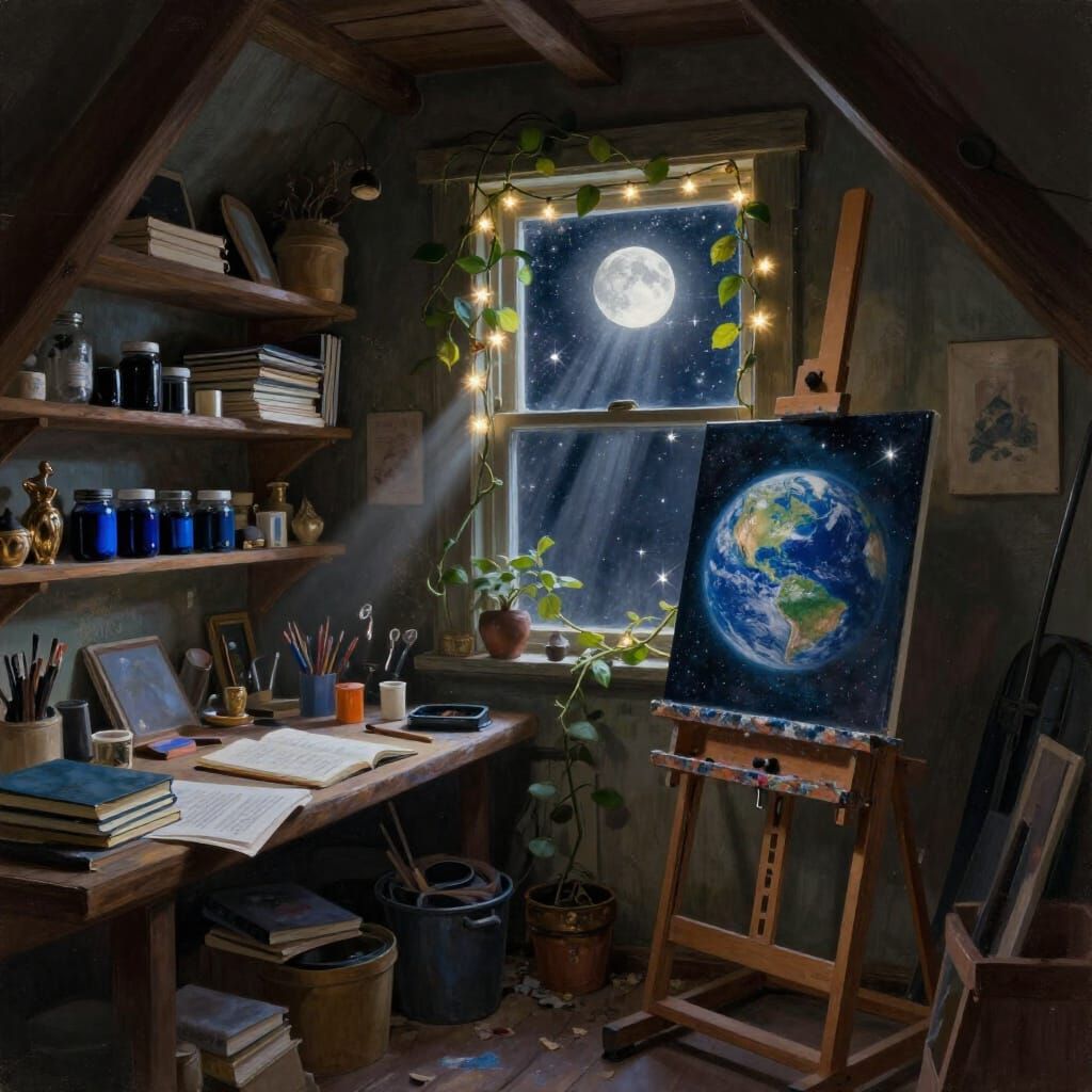 Artist's Attic Workspace in Moonlight