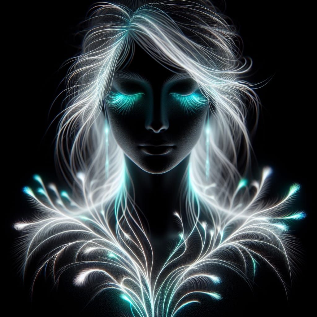 Ethereal Filaments: Monochrome Silhouette Portrait of Serene...