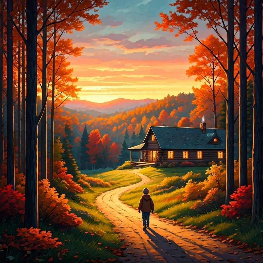 Boy Approaches Lodge Home at Sunset