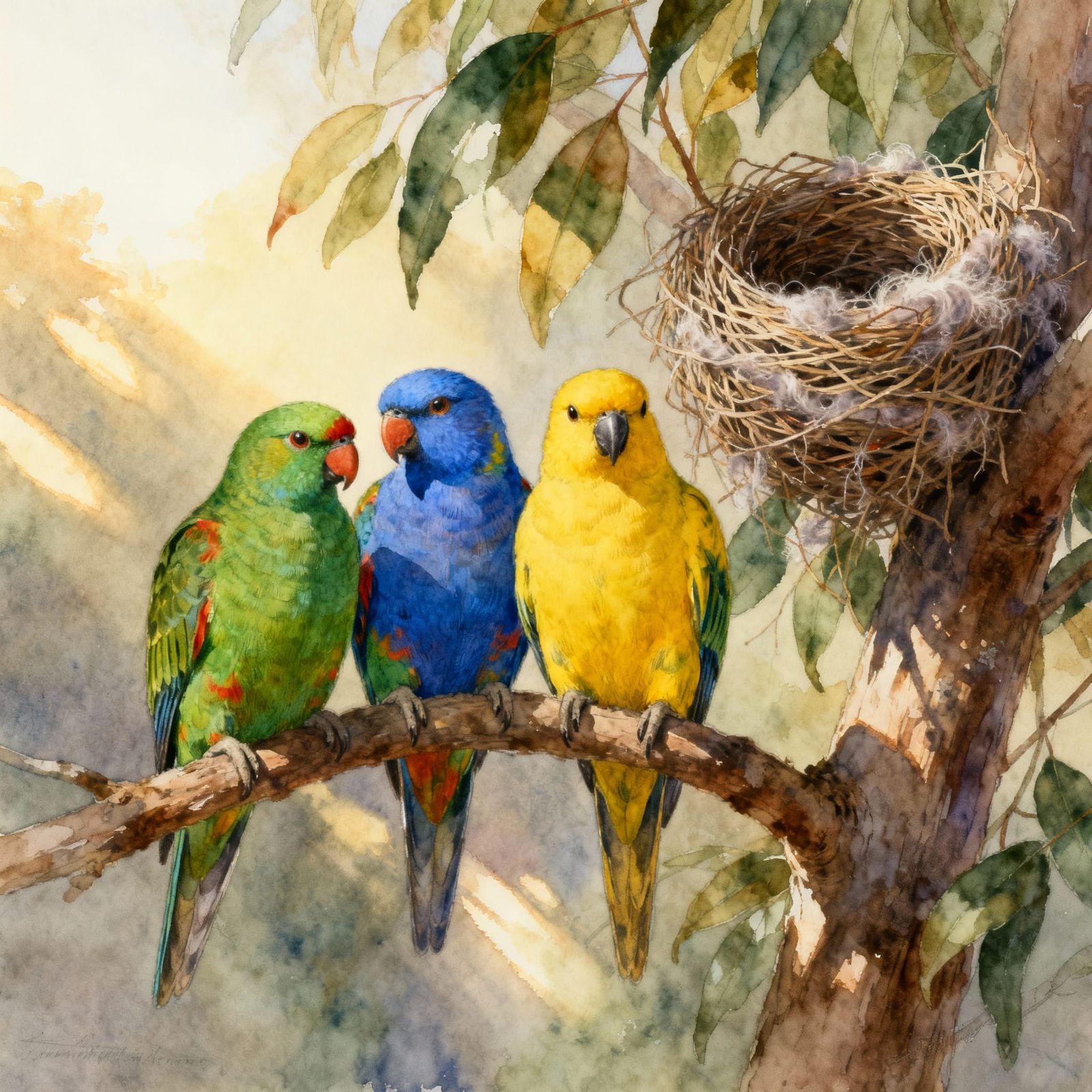 Three (rainbow lorikeets) sitting close together on a branch...