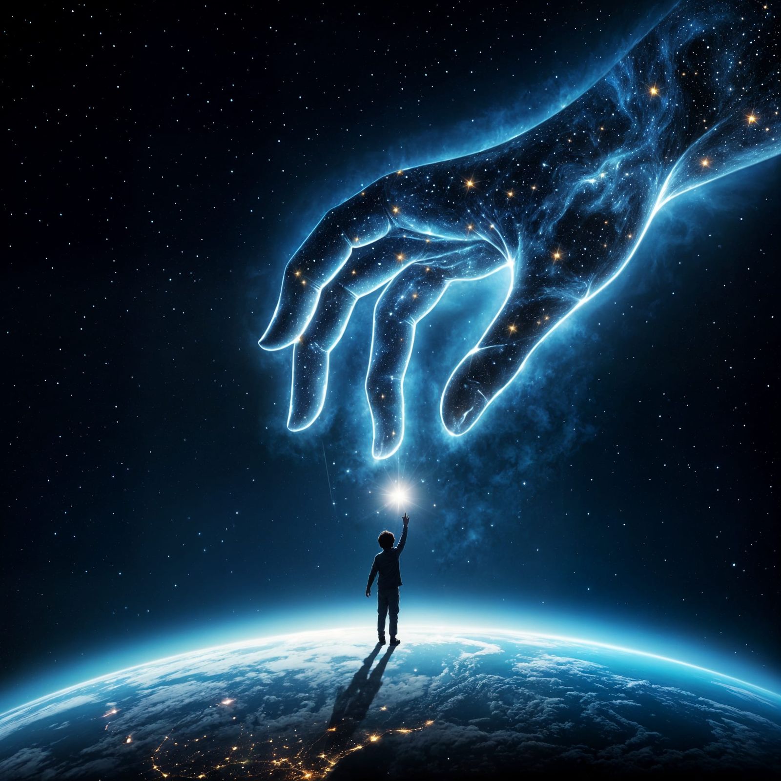 Boy Reaching for Cosmic Hand Above Glowing Earth