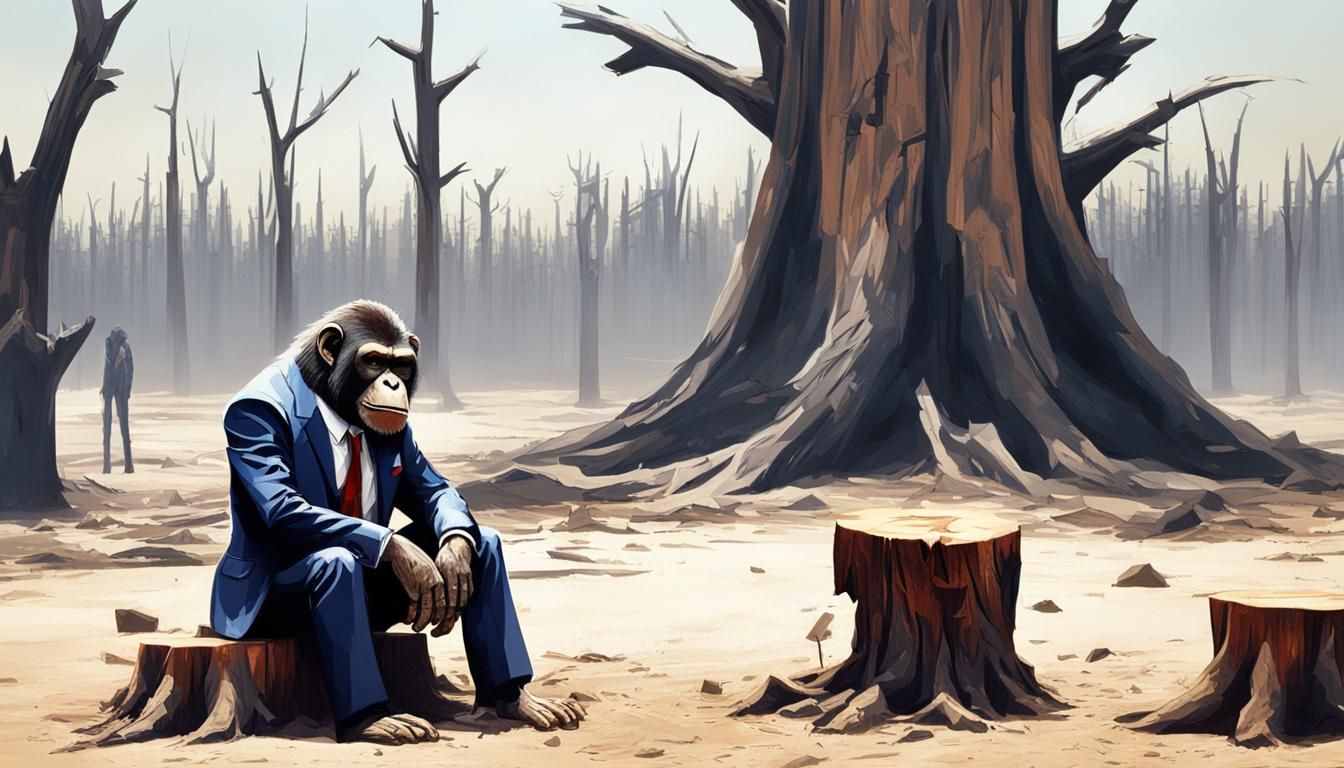 a gangster ape in a tattered suit sits depressed against a t...