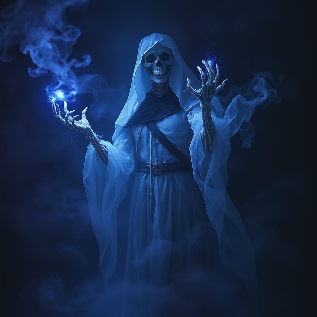 Ethereal Undead Warlock Wraith in Dark, Stormy Landscape