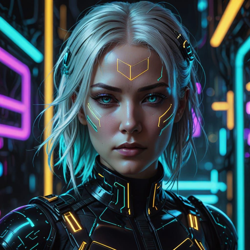 Cyberpunk Woman Portrait with Neon Circuitry