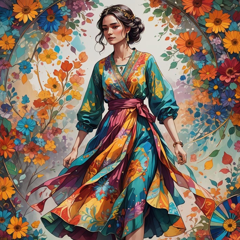 Woman in Colorful Dress Digital Illustration