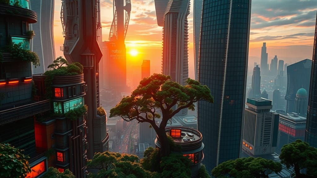 Cyberpunk City Sunrise: Nature Reclaims the Metropolis