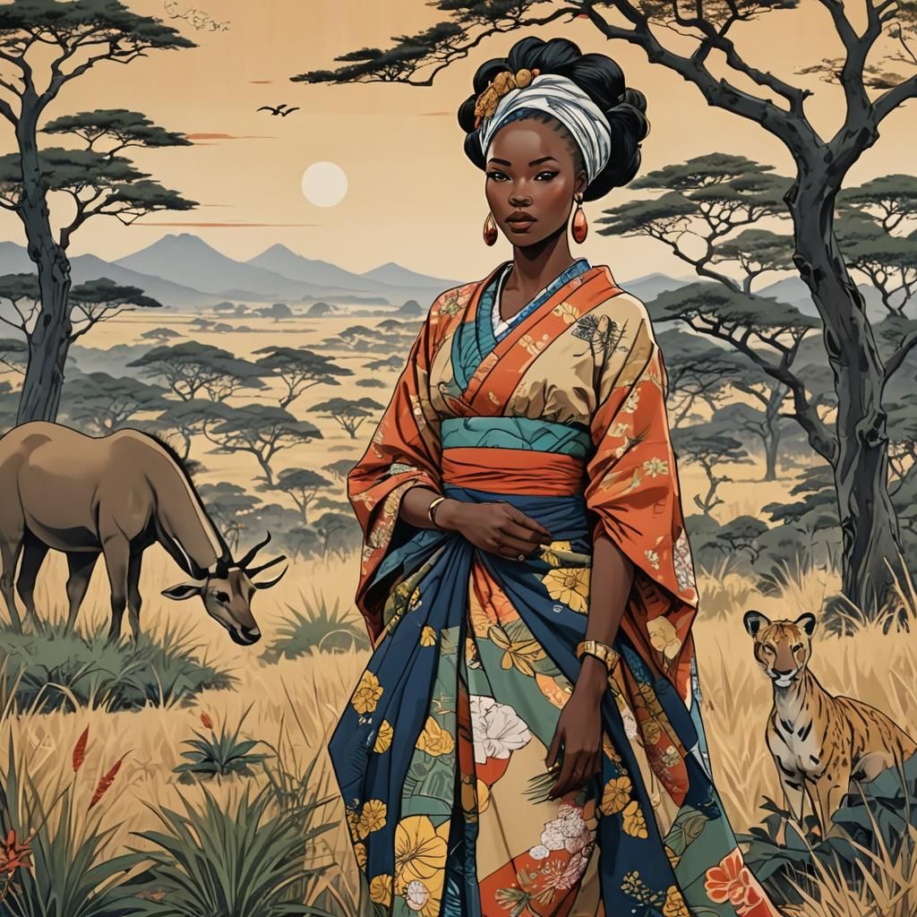 African Woman in Ukiyo-e Style