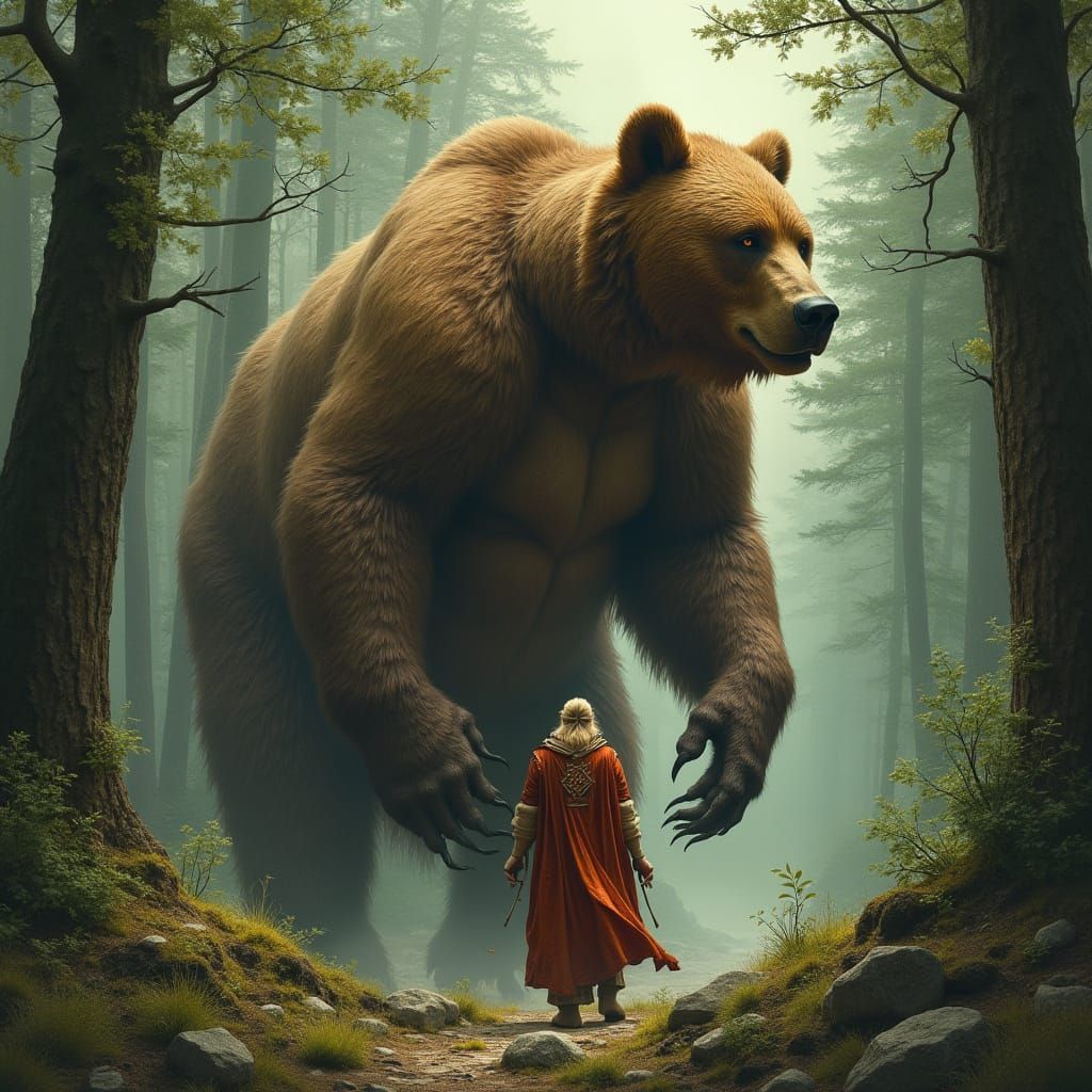 Celtic Druid Wildshapes into Bear in Mystical Forest