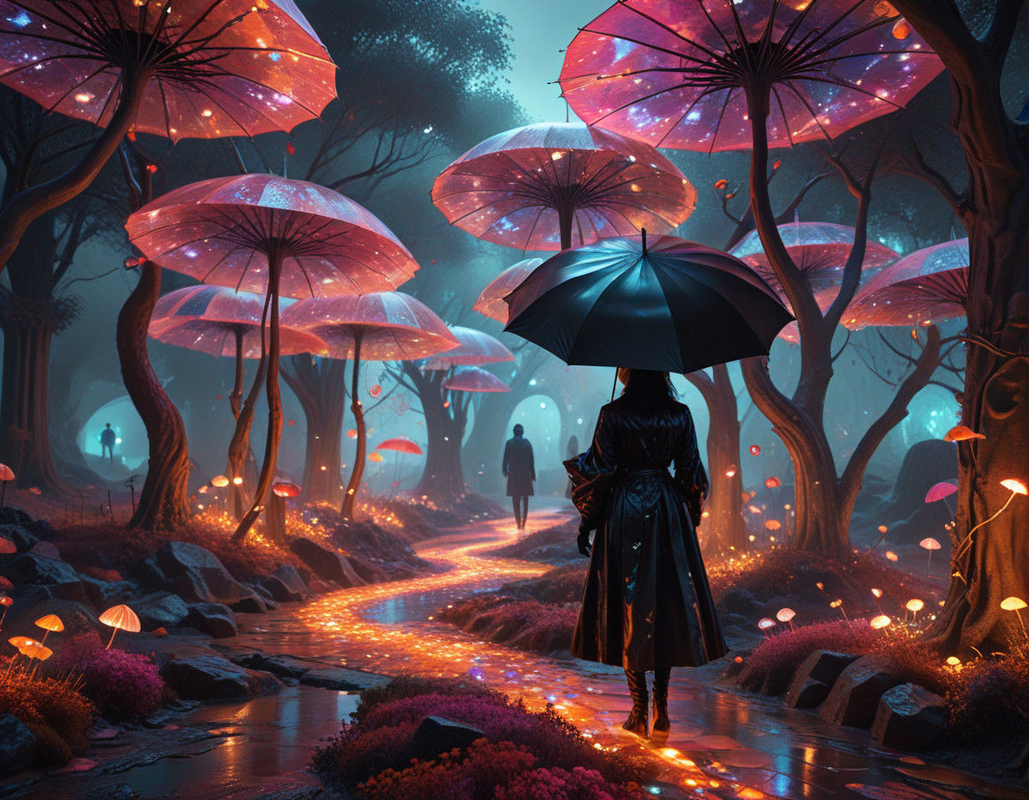 Whimsical Surreal Landscape with Colorful Gemstones and Umbr...