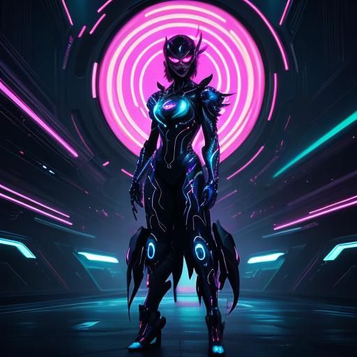 Futuristic Woman Amidst Neon City Question Marks