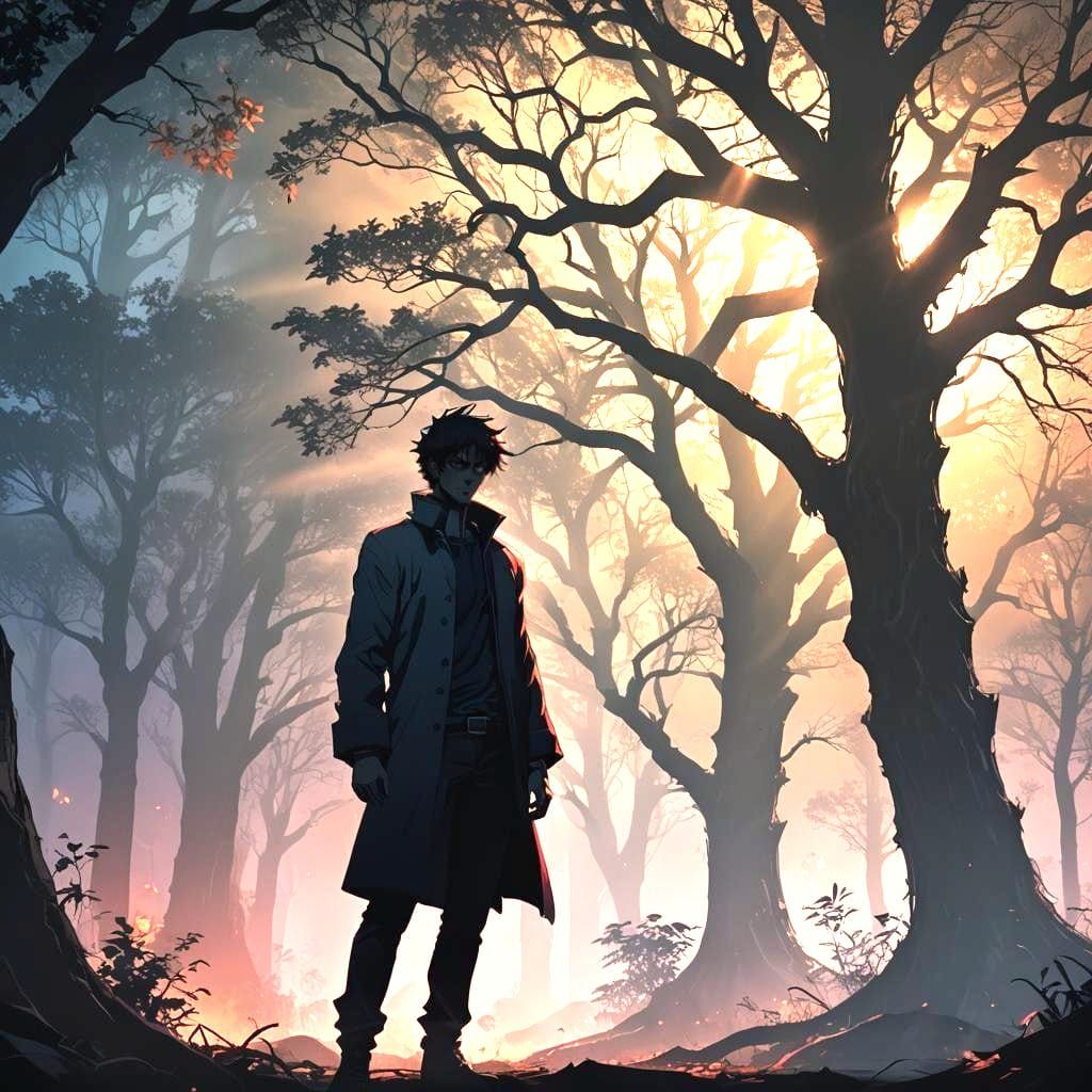 A long shot of a devilish man standing slyly in the shadow of a tree