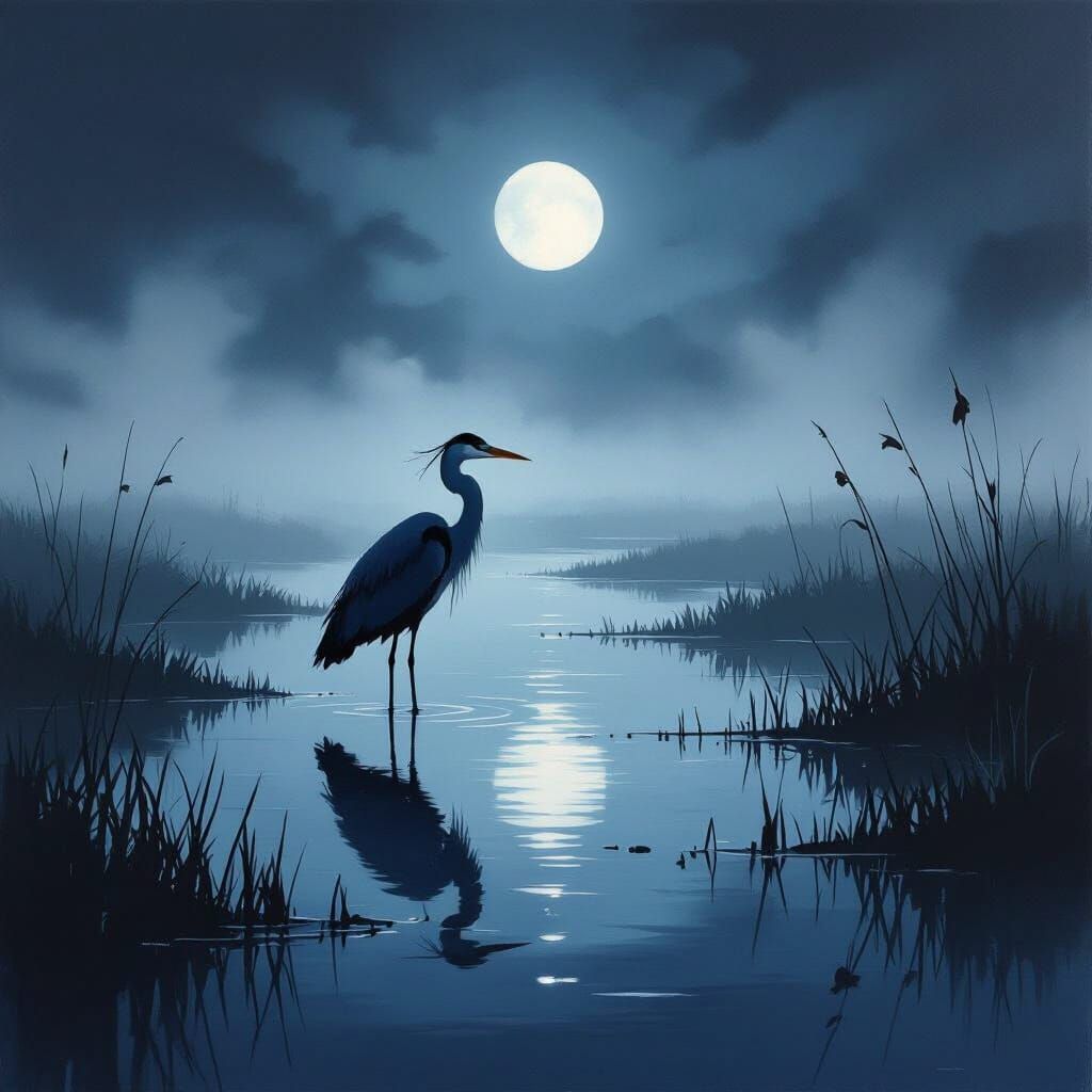 Minimalist Heron in Misty Moonlit Marsh