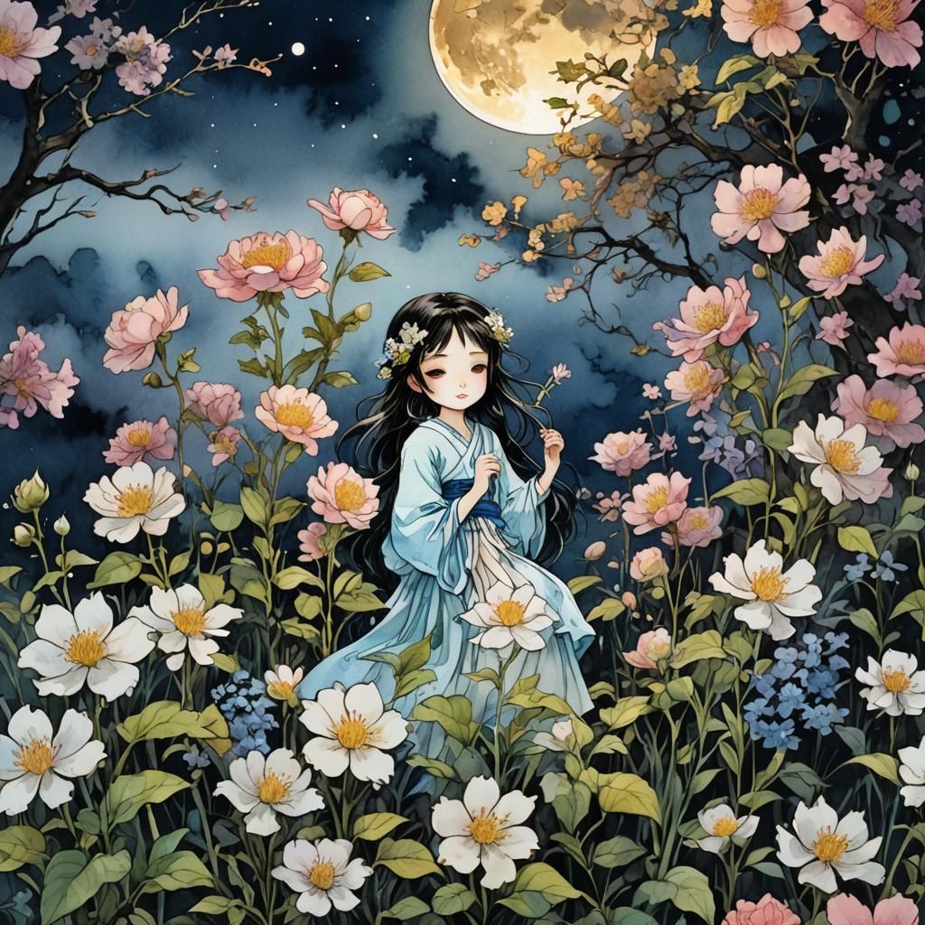 Flowers Bloom under Moon: Watercolor Comic Illustration