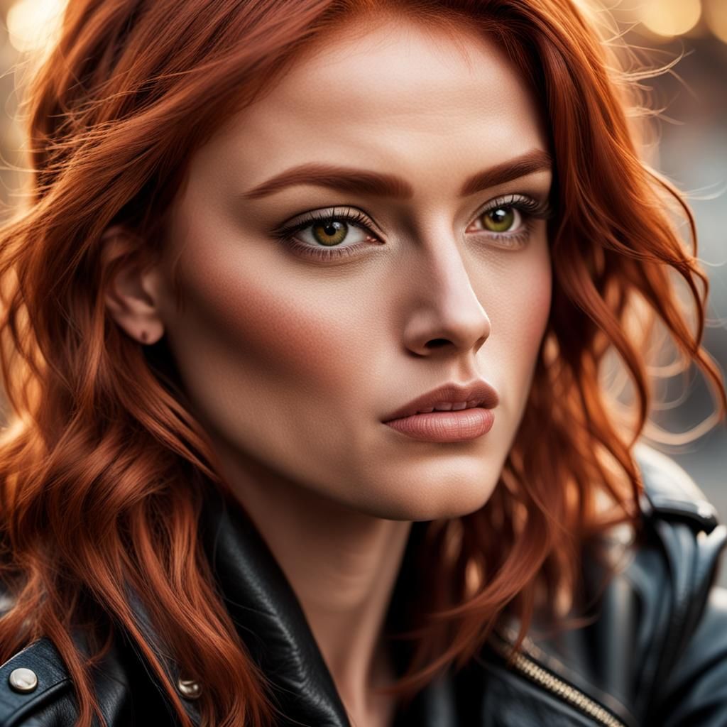 Red-Haired Woman in Leather Jacket Portrait