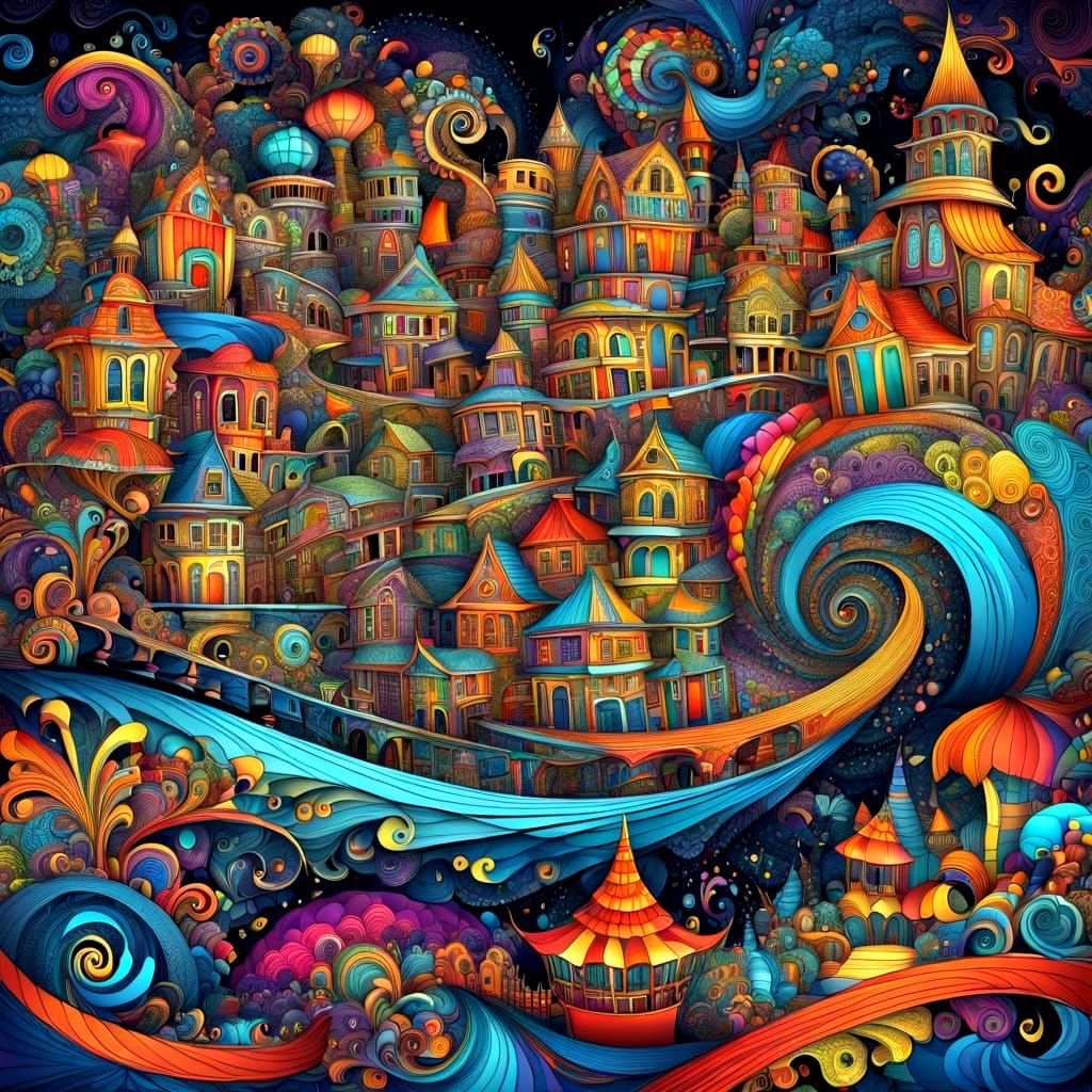 Colorful Fantasy Town in Doodle Art Style