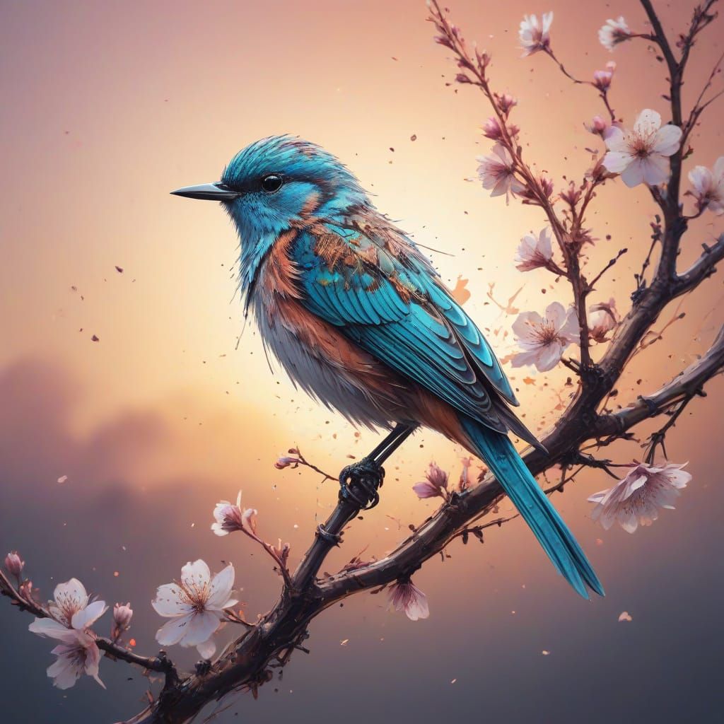 Whimsical Blossom Tree Bird in Japanese Sunset Splendor
