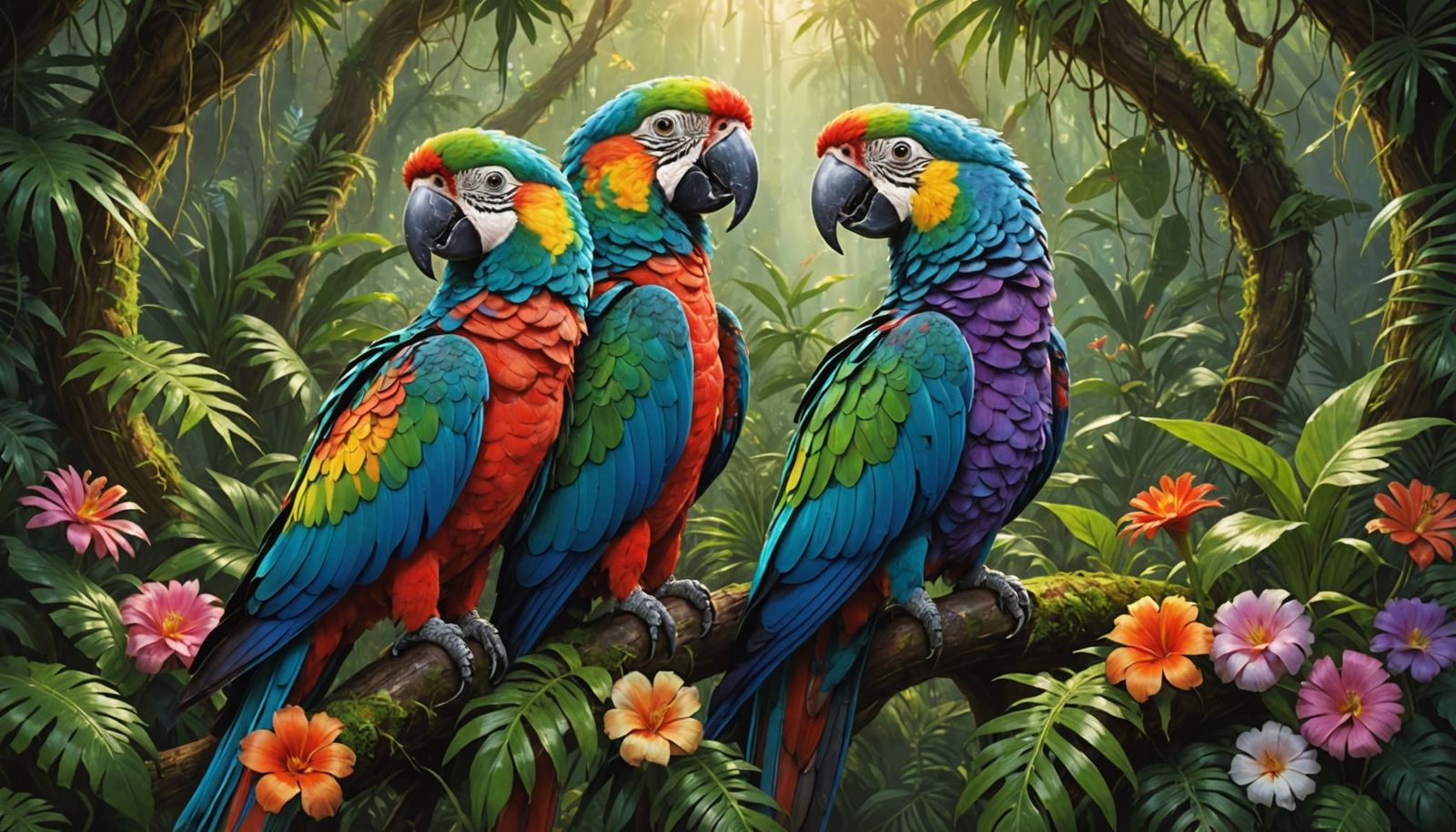 Three colorful parrots in a lush jungle rainforest with bloo...