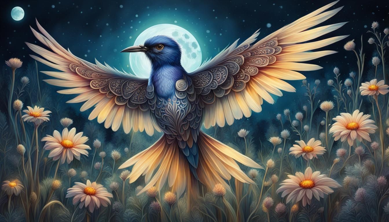 Fantasy Flower-Bird in Moonlit Meadow Watercolor