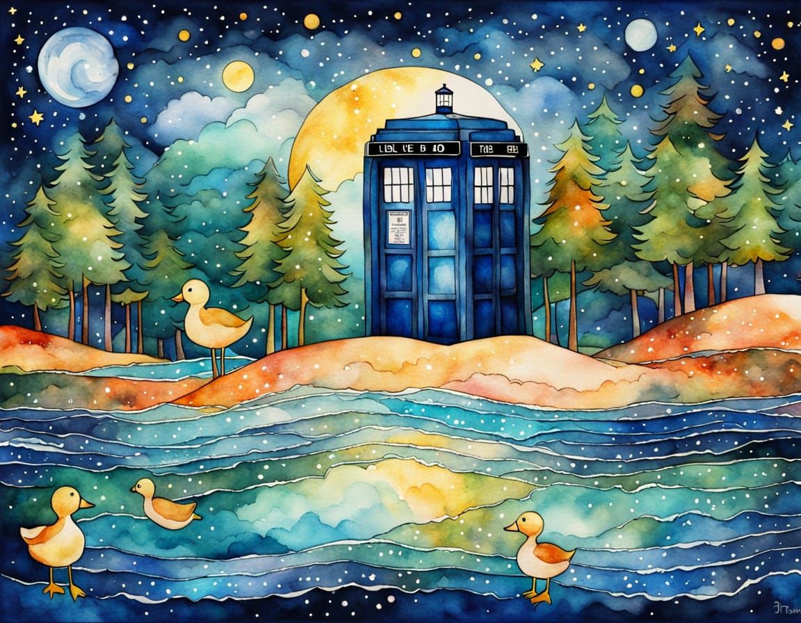 Surreal Tardis Landscape in Aquarelle Patchwork Style
