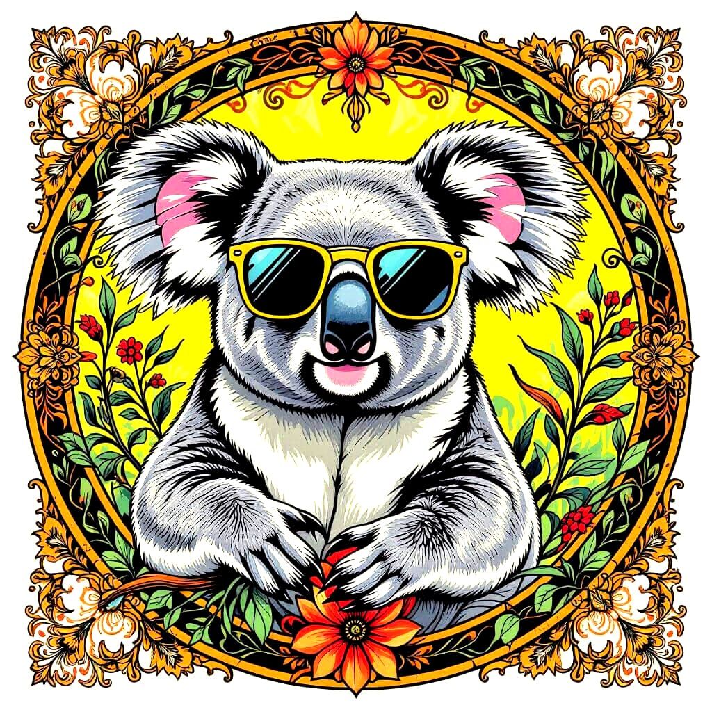 Art Nouveau Koala In Floral Setting Ink Drawing