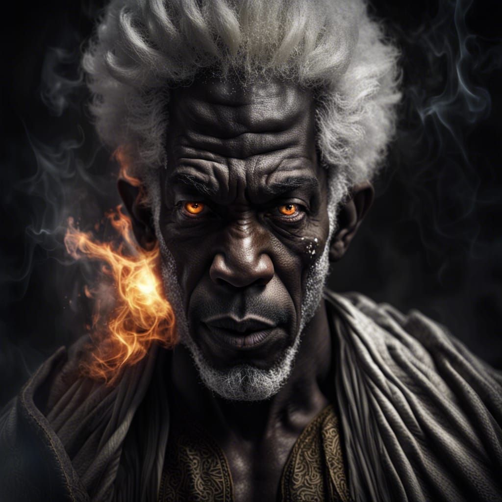 Fearsome Black Sorcerer with Fiery Eyes