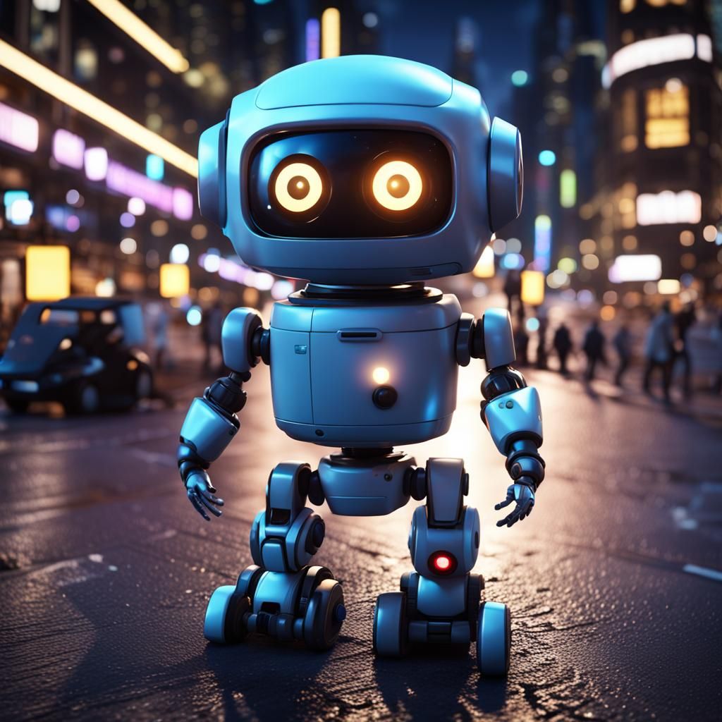 Cute Robot in Crowded City at Night